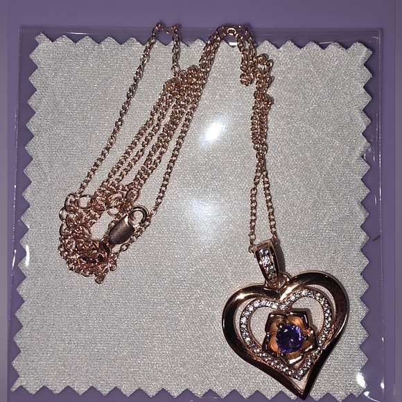 Silver Rose Gold Heart Necklace with Blue/Purple Center Stone - Picture 7 of 10